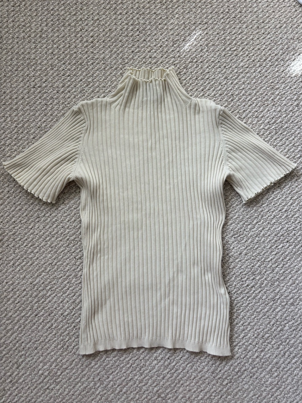 Sea New York Women’s Size Large Blouse Ribbed Top Cream Short Sleeve